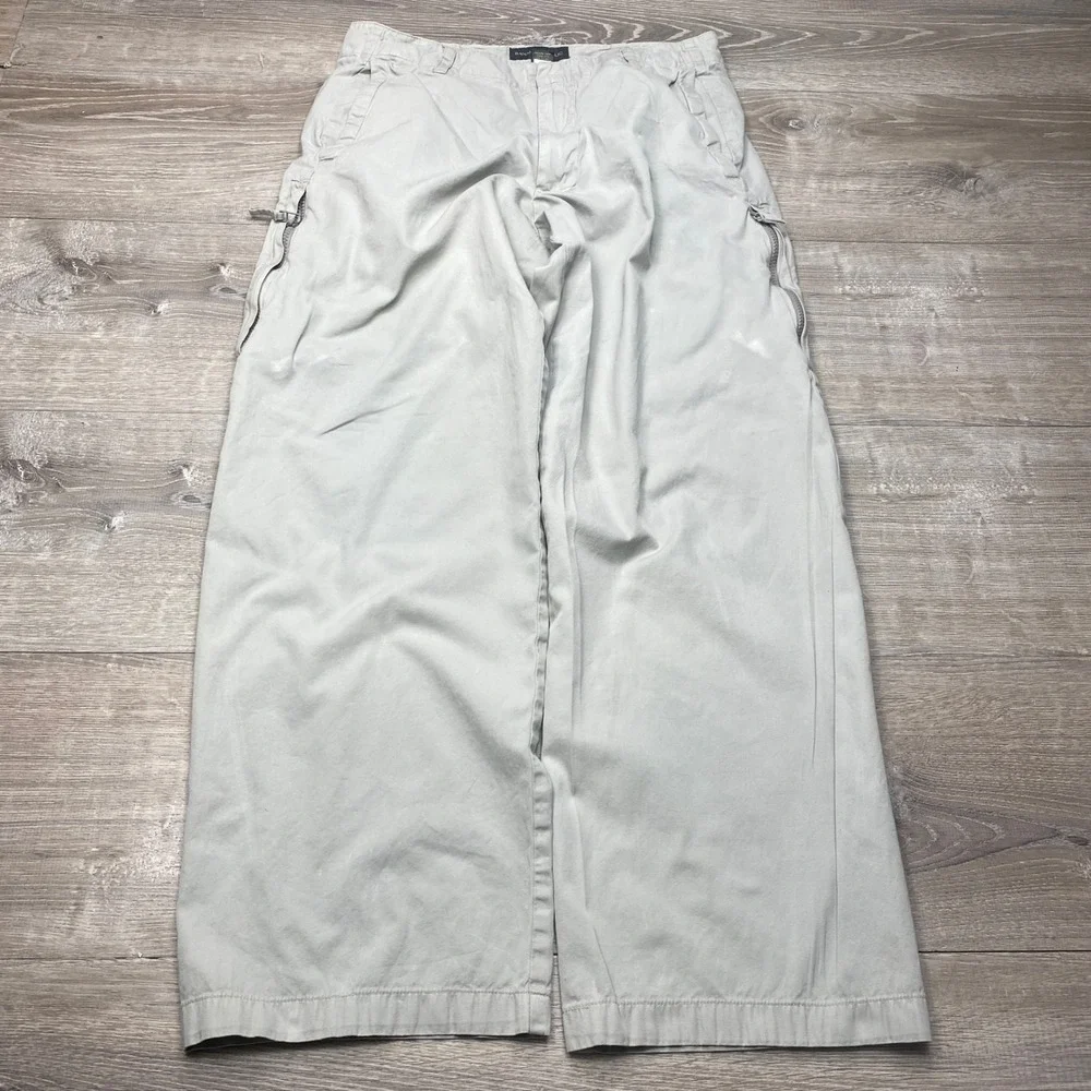 Banana Republic Mens 33R Wide Leg Cargo Pants Cotton Khaki Gray Zipper Y2K Baggy